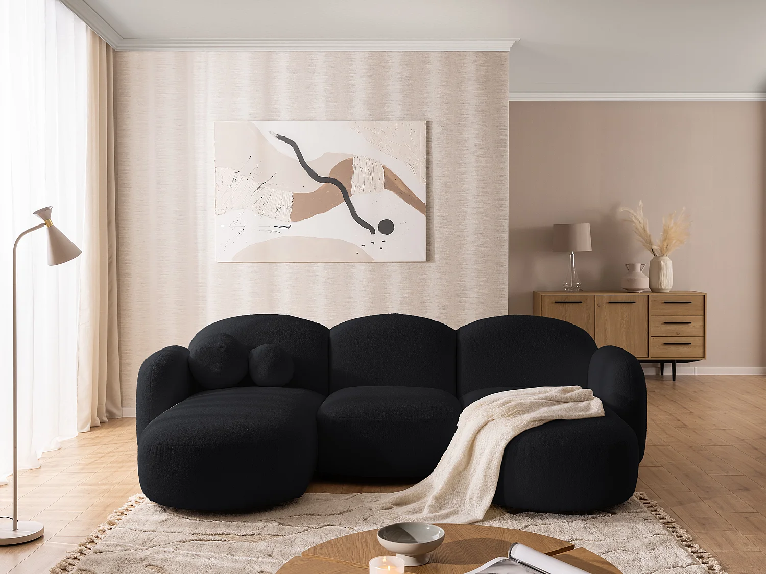 Nuvola - Moderne Wohnlandschaft aus Schwarz Bouclé mit abgerundetem Design und hohem Sitzkomfort