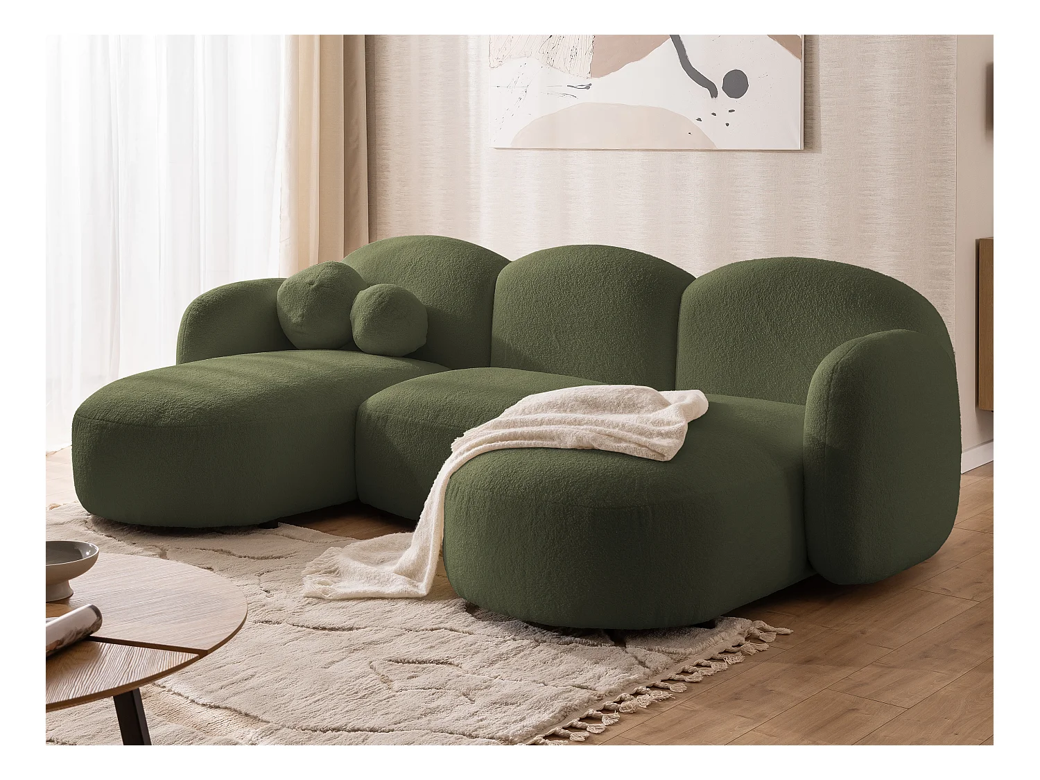 Nuvola - Moderne Wohnlandschaft aus Grün Bouclé mit abgerundetem Design und hohem Sitzkomfort