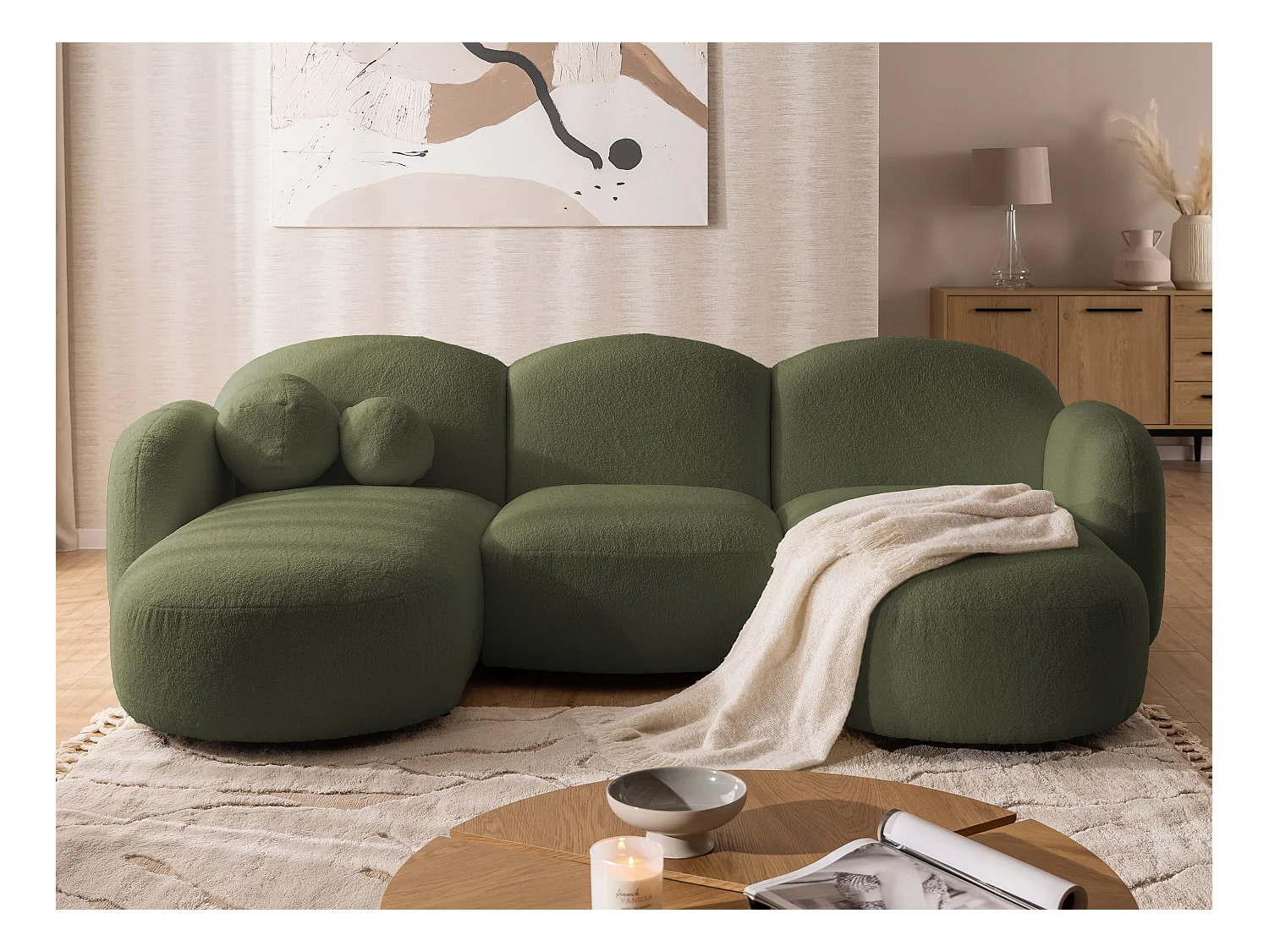 Nuvola - Moderne Wohnlandschaft aus Grün Bouclé mit abgerundetem Design und hohem Sitzkomfort