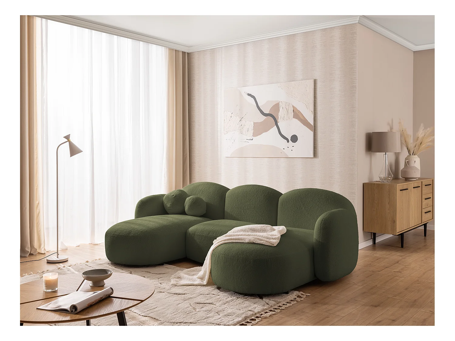 Nuvola - Moderne Wohnlandschaft aus Grün Bouclé mit abgerundetem Design und hohem Sitzkomfort