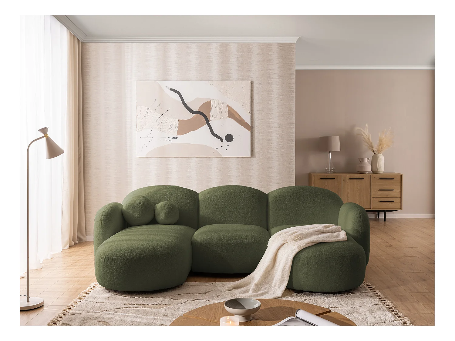 Nuvola - Moderne Wohnlandschaft aus Grün Bouclé mit abgerundetem Design und hohem Sitzkomfort