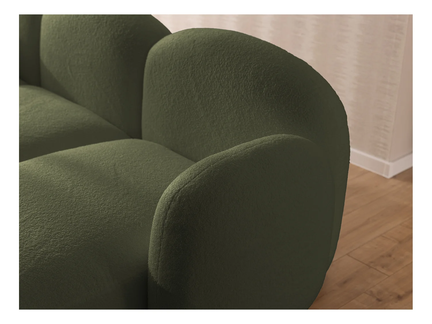 Nuvola - Moderne Wohnlandschaft aus Grün Bouclé mit abgerundetem Design und hohem Sitzkomfort