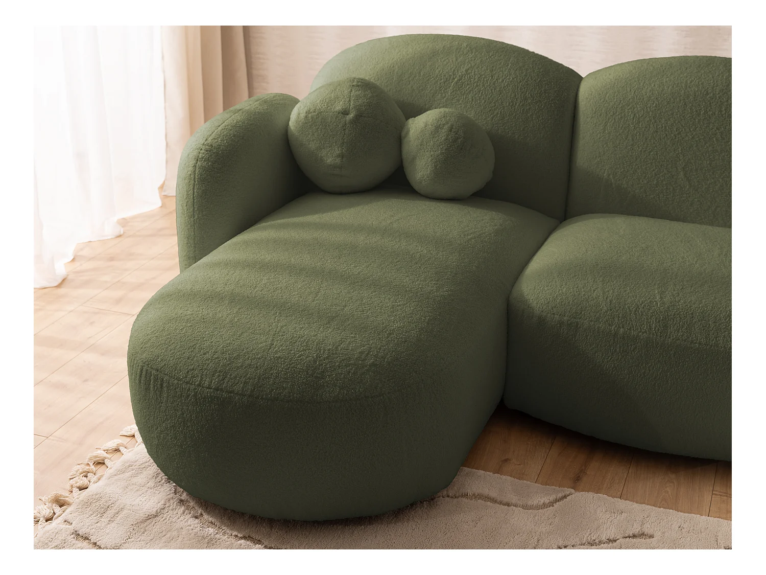 Nuvola - Moderne Wohnlandschaft aus Grün Bouclé mit abgerundetem Design und hohem Sitzkomfort