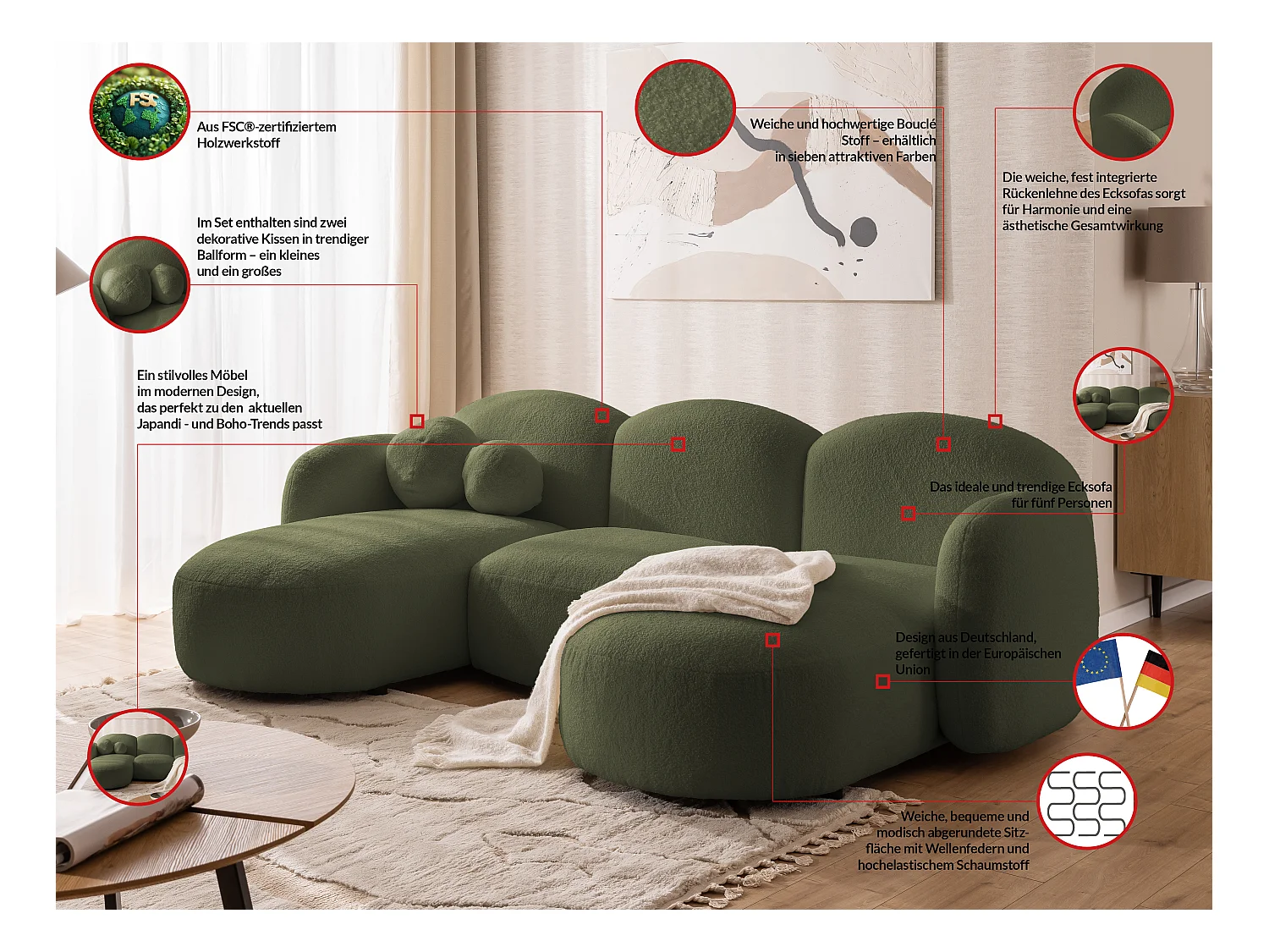 Nuvola - Moderne Wohnlandschaft aus Grün Bouclé mit abgerundetem Design und hohem Sitzkomfort