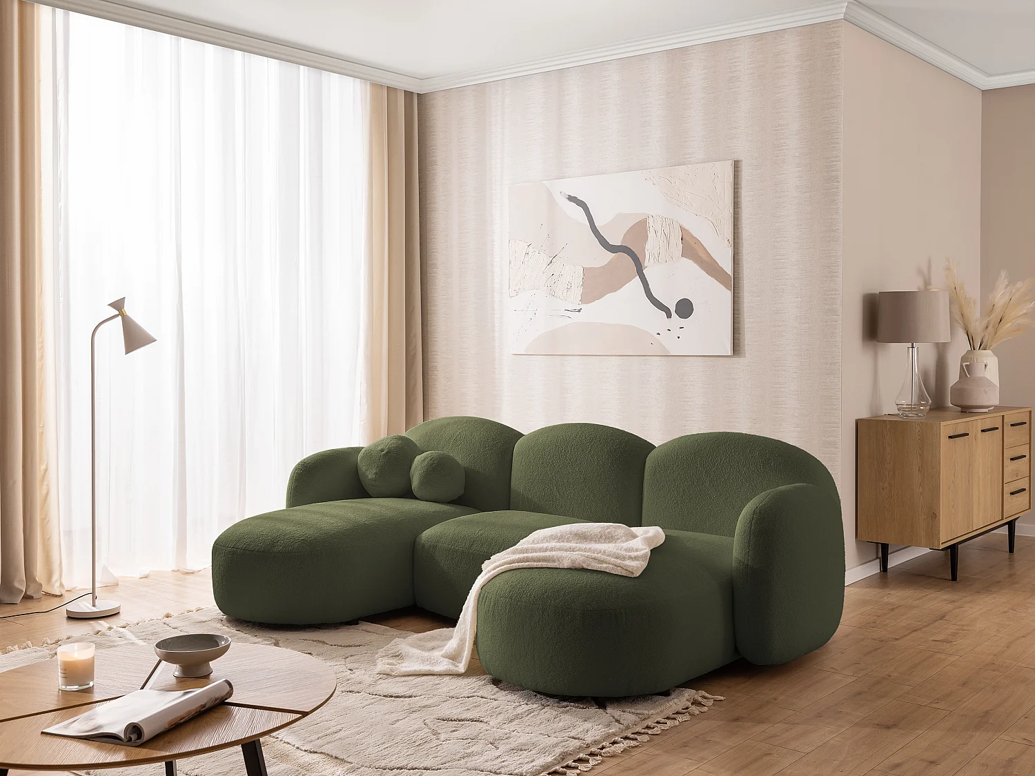 Nuvola - Moderne Wohnlandschaft aus Grün Bouclé mit abgerundetem Design und hohem Sitzkomfort