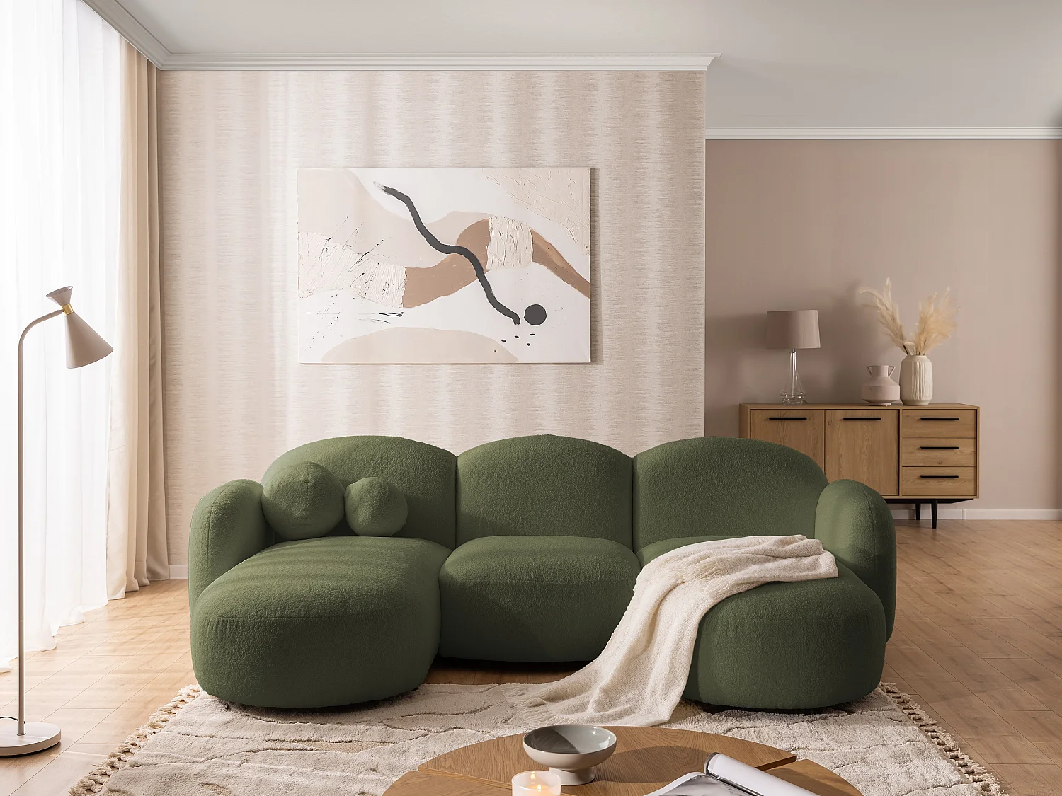 Nuvola - Moderne Wohnlandschaft aus Grün Bouclé mit abgerundetem Design und hohem Sitzkomfort