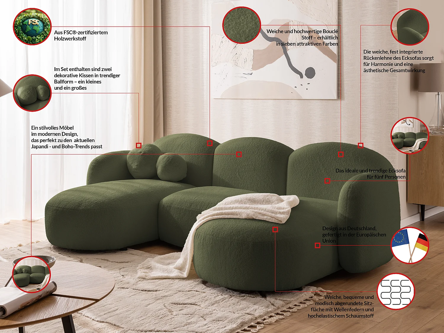 Nuvola - Moderne Wohnlandschaft aus Grün Bouclé mit abgerundetem Design und hohem Sitzkomfort