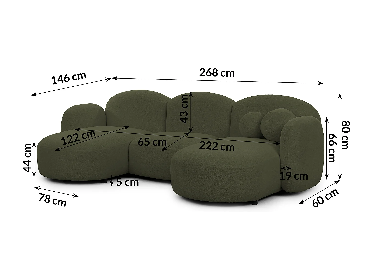 Nuvola - Moderne Wohnlandschaft aus Grün Bouclé mit abgerundetem Design und hohem Sitzkomfort