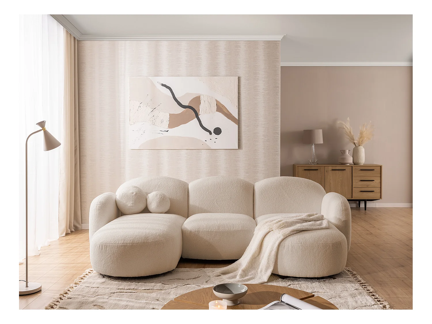 Nuvola - Moderne Wohnlandschaft aus Hellbeige Bouclé mit abgerundetem Design und hohem Sitzkomfort