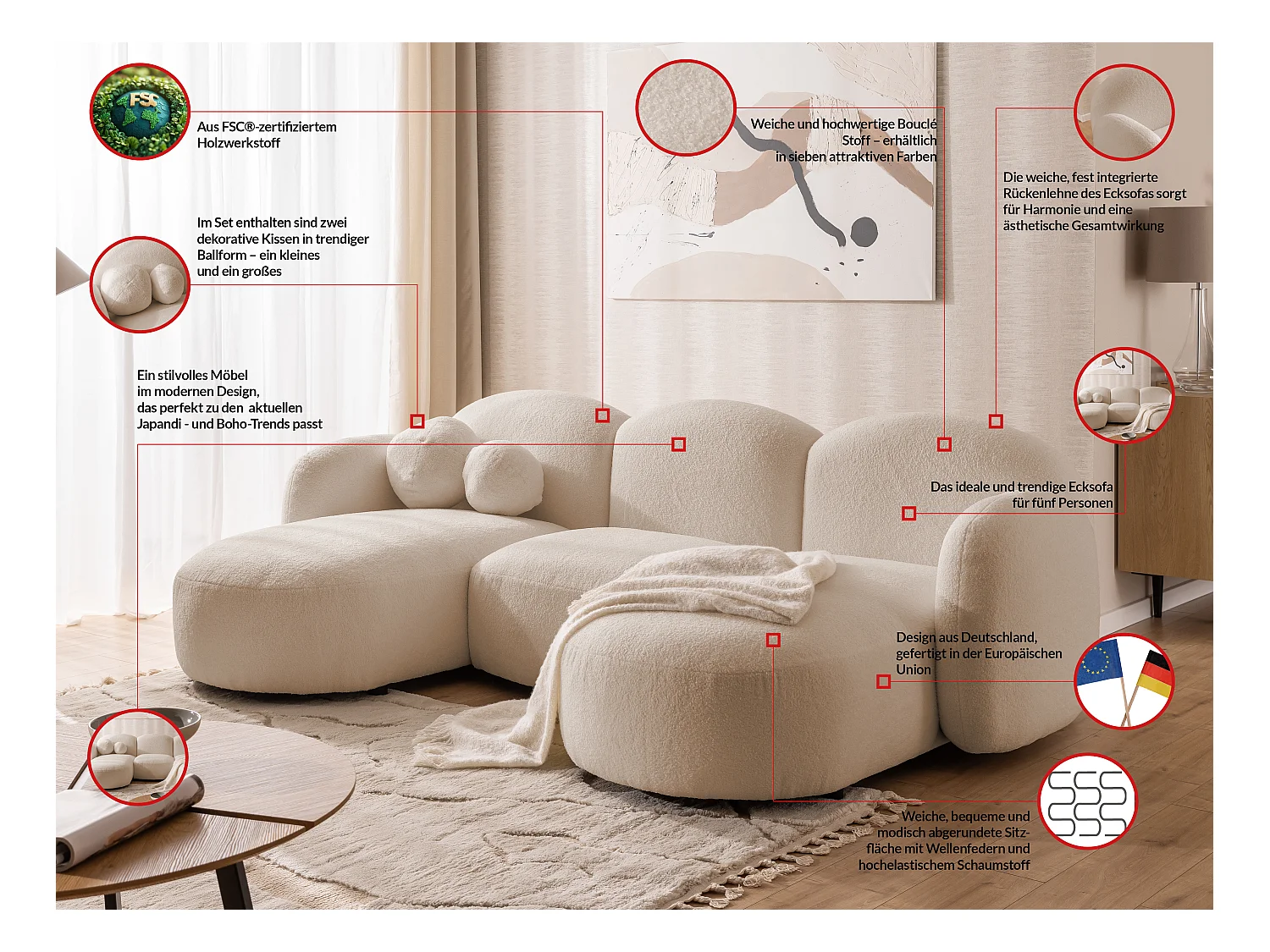 Nuvola - Moderne Wohnlandschaft aus Hellbeige Bouclé mit abgerundetem Design und hohem Sitzkomfort