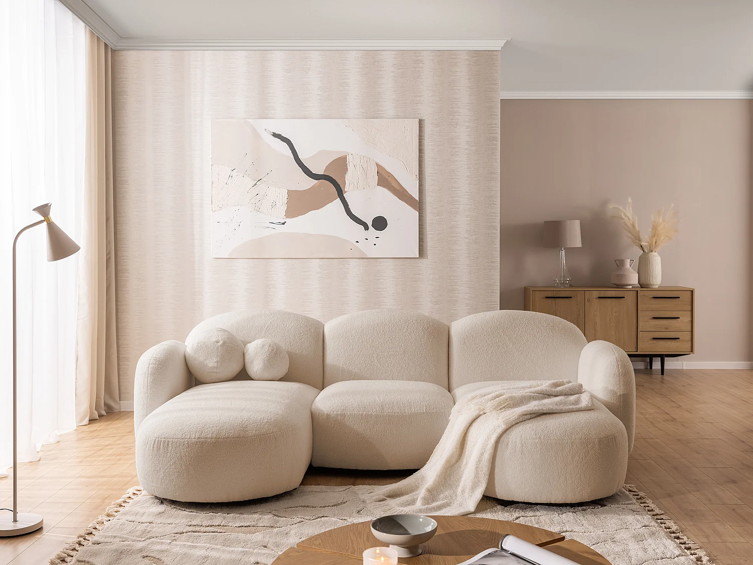 Nuvola - Moderne Wohnlandschaft aus Hellbeige Bouclé mit abgerundetem Design und hohem Sitzkomfort