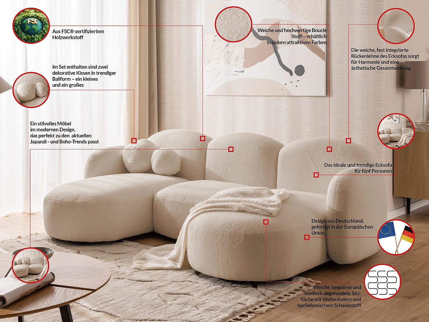 Nuvola - Moderne Wohnlandschaft aus Hellbeige Bouclé mit abgerundetem Design und hohem Sitzkomfort