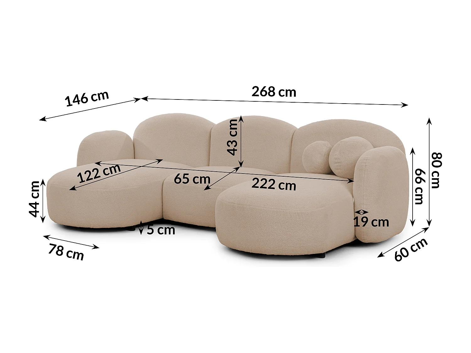 Nuvola - Moderne Wohnlandschaft aus Hellbeige Bouclé mit abgerundetem Design und hohem Sitzkomfort