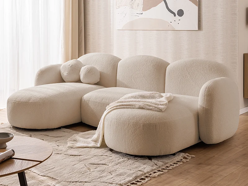 Nuvola - Moderne Wohnlandschaft aus Hellbeige Bouclé mit abgerundetem Design und hohem Sitzkomfort