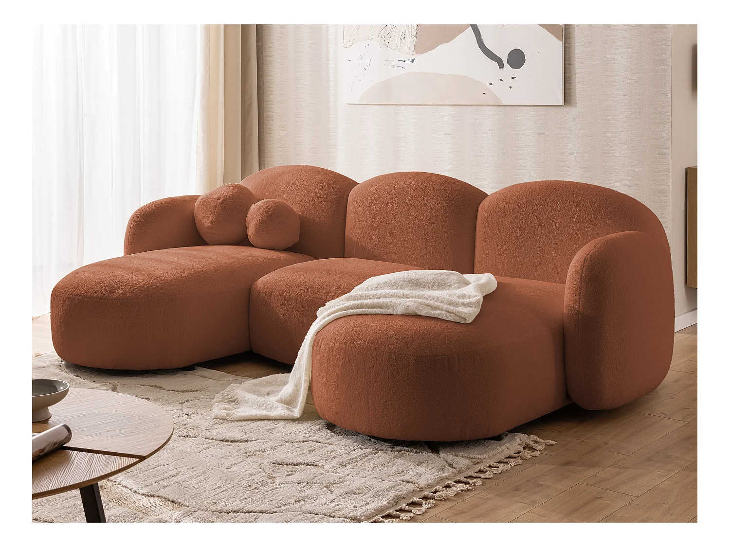 Nuvola - Moderne Wohnlandschaft aus Terrakotta Bouclé mit abgerundetem Design und hohem Sitzkomfort