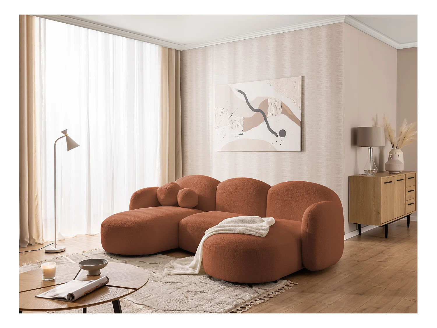 Nuvola - Moderne Wohnlandschaft aus Terrakotta Bouclé mit abgerundetem Design und hohem Sitzkomfort