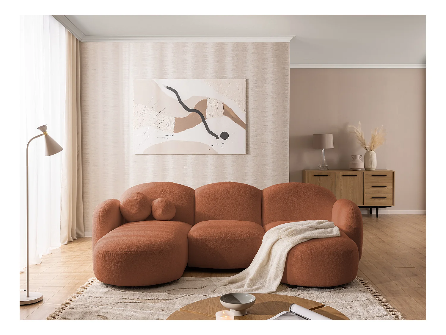 Nuvola - Moderne Wohnlandschaft aus Terrakotta Bouclé mit abgerundetem Design und hohem Sitzkomfort