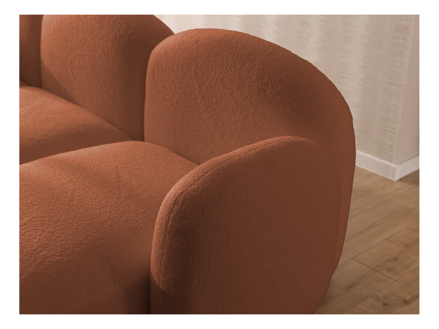 Nuvola - Moderne Wohnlandschaft aus Terrakotta Bouclé mit abgerundetem Design und hohem Sitzkomfort