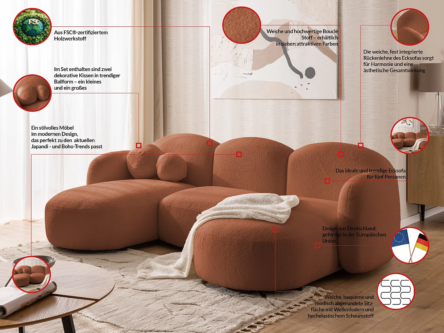 Nuvola - Moderne Wohnlandschaft aus Terrakotta Bouclé mit abgerundetem Design und hohem Sitzkomfort