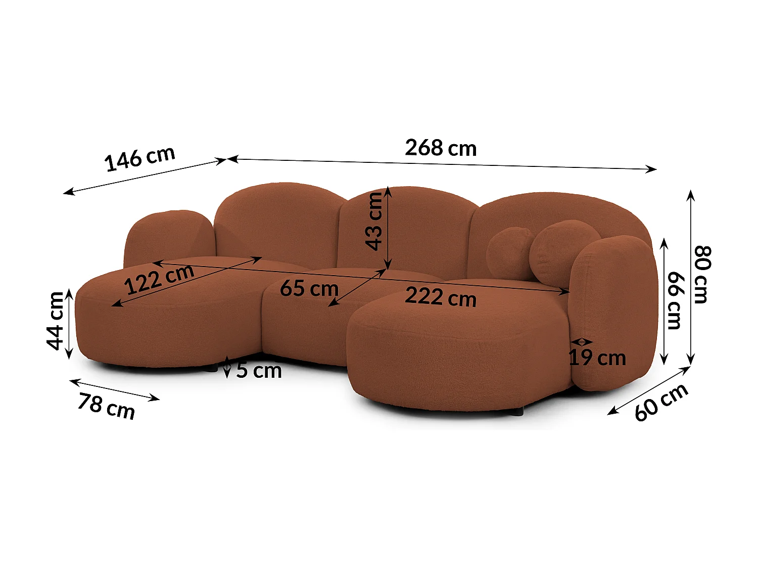 Nuvola - Moderne Wohnlandschaft aus Terrakotta Bouclé mit abgerundetem Design und hohem Sitzkomfort