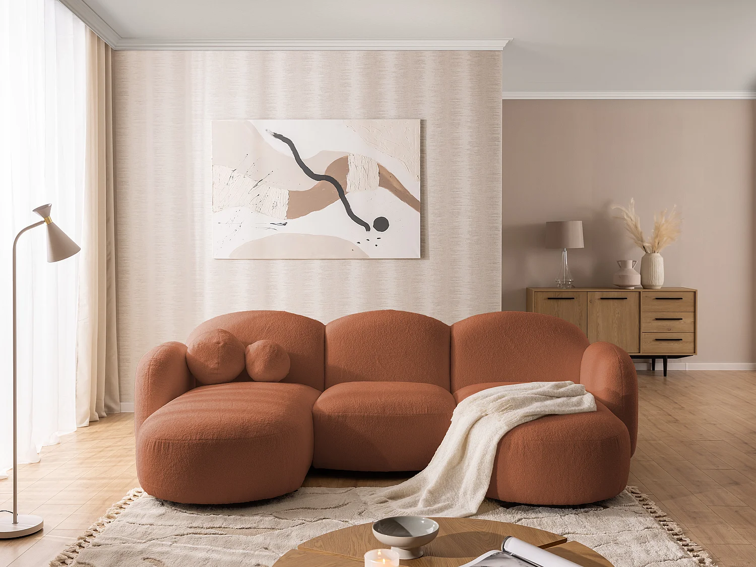 Nuvola - Moderne Wohnlandschaft aus Terrakotta Bouclé mit abgerundetem Design und hohem Sitzkomfort