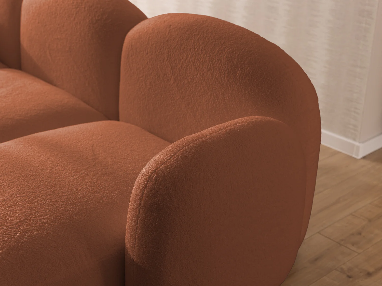 Nuvola - Moderne Wohnlandschaft aus Terrakotta Bouclé mit abgerundetem Design und hohem Sitzkomfort