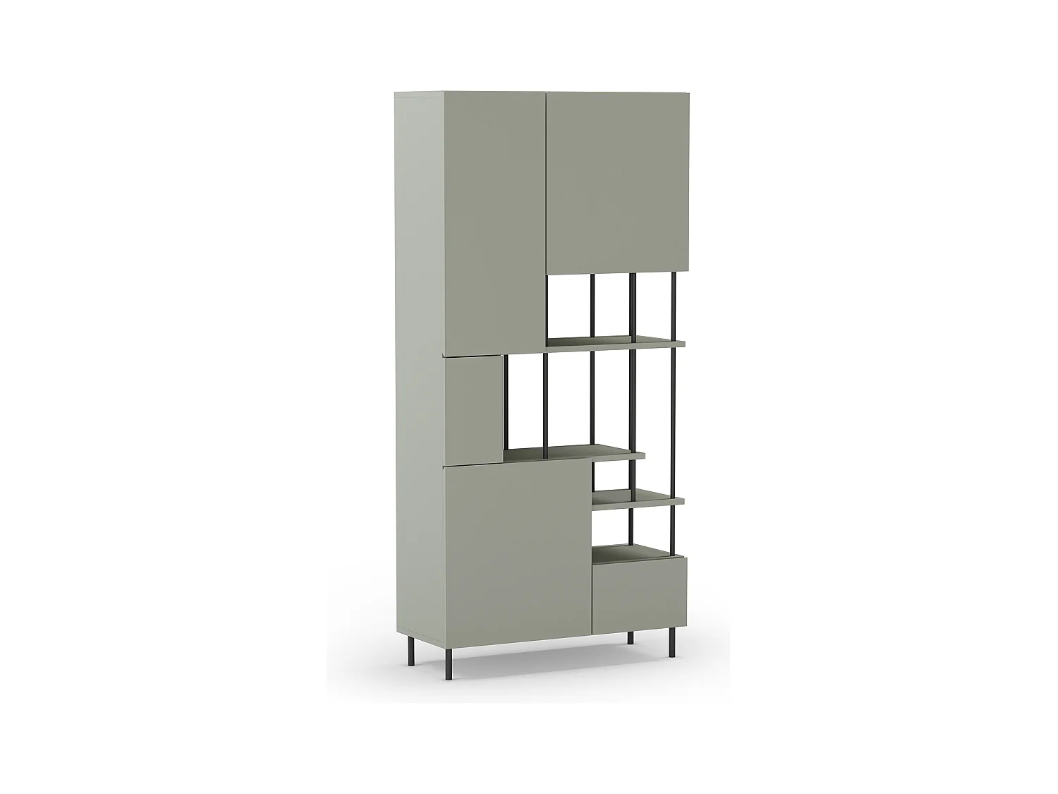 Etagère haute, meuble étagère avec 5 portes aspect bois coloris Vert, pieds en métal noir  - Longueur 84 x Profondeur 34 x Hauteur 175 cm