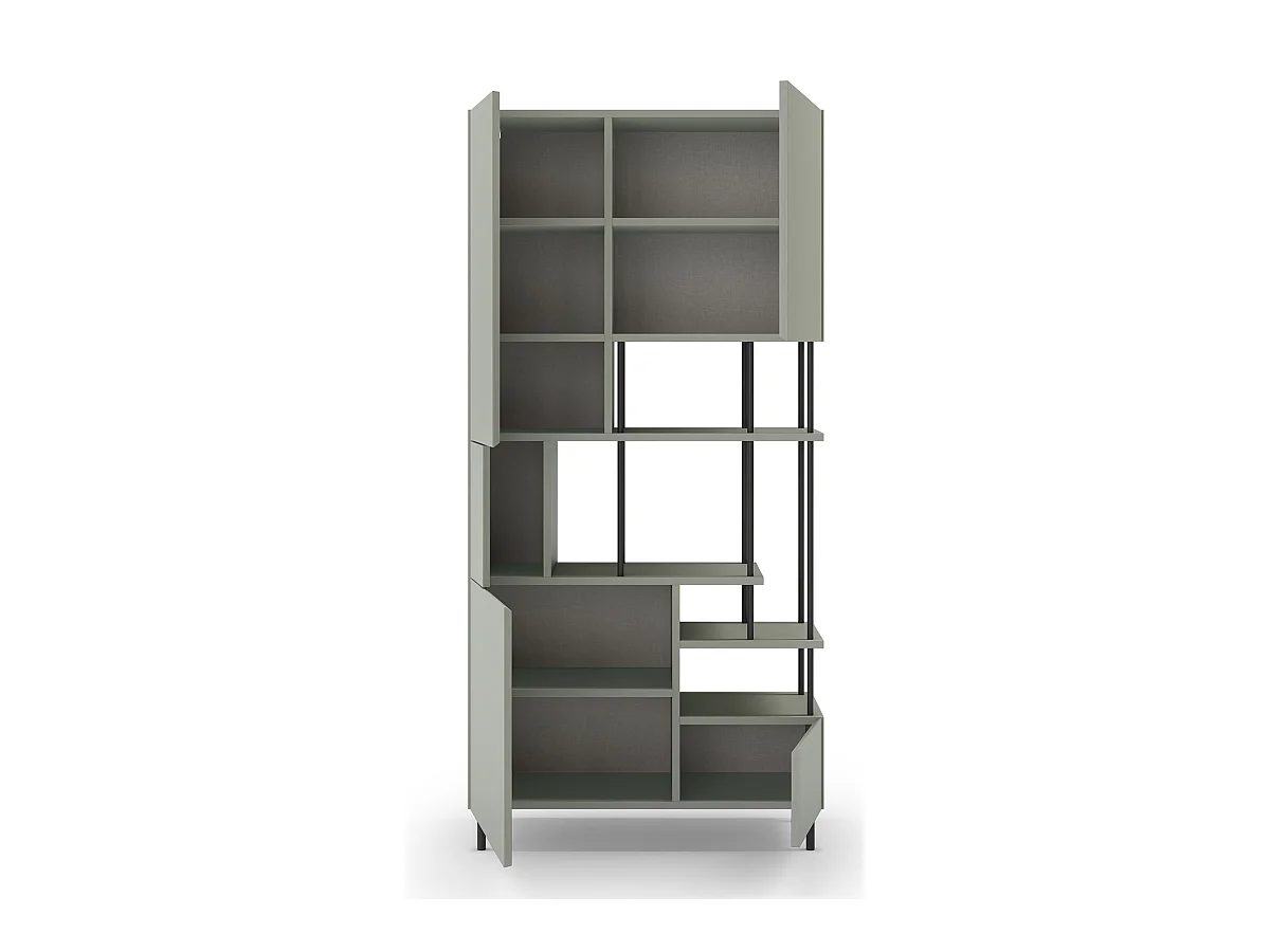 Etagère haute, meuble étagère avec 5 portes aspect bois coloris Vert, pieds en métal noir  - Longueur 84 x Profondeur 34 x Hauteur 175 cm