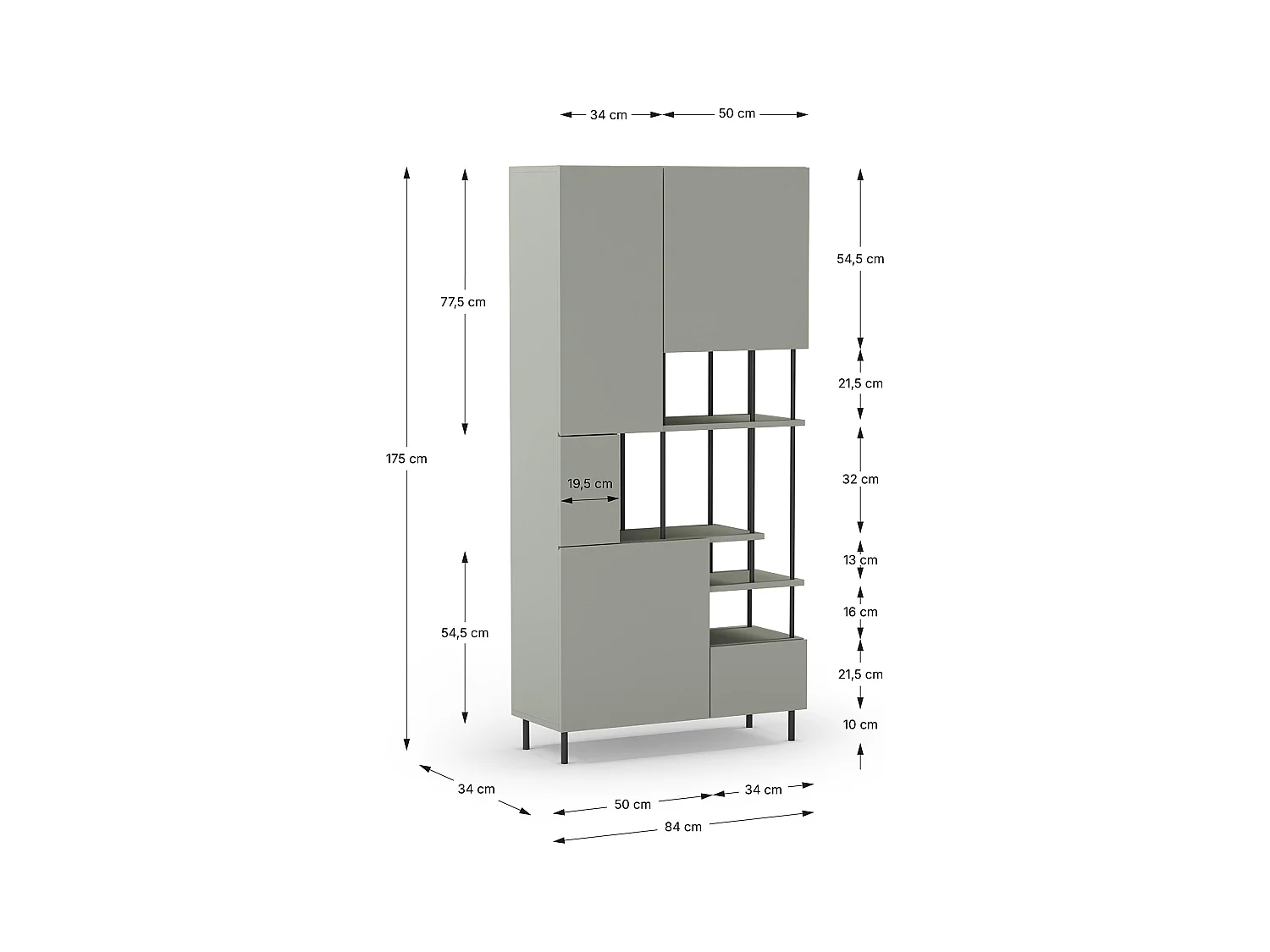 Etagère haute, meuble étagère avec 5 portes aspect bois coloris Vert, pieds en métal noir  - Longueur 84 x Profondeur 34 x Hauteur 175 cm