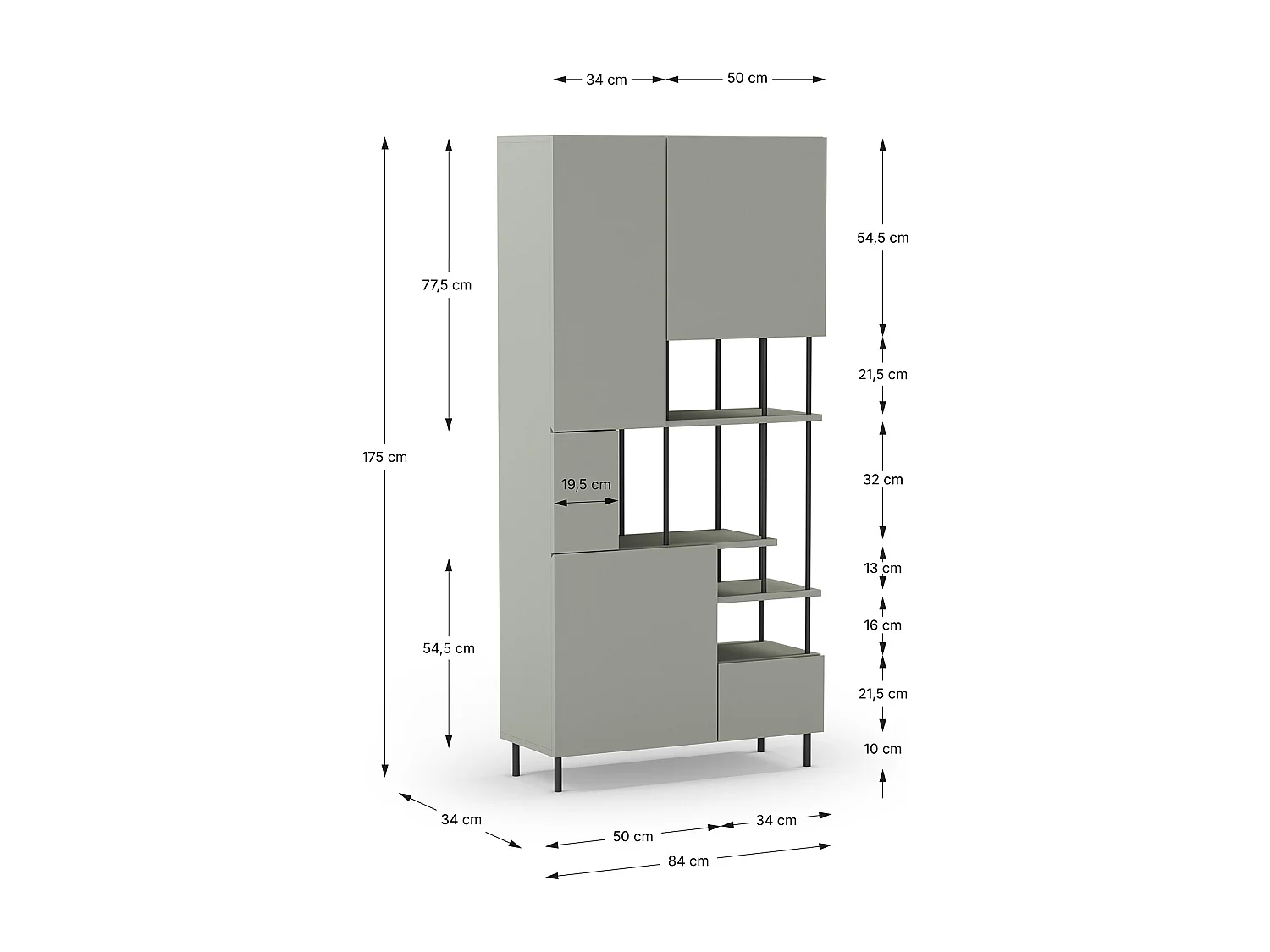 Etagère haute, meuble étagère avec 5 portes aspect bois coloris Vert, pieds en métal noir  - Longueur 84 x Profondeur 34 x Hauteur 175 cm