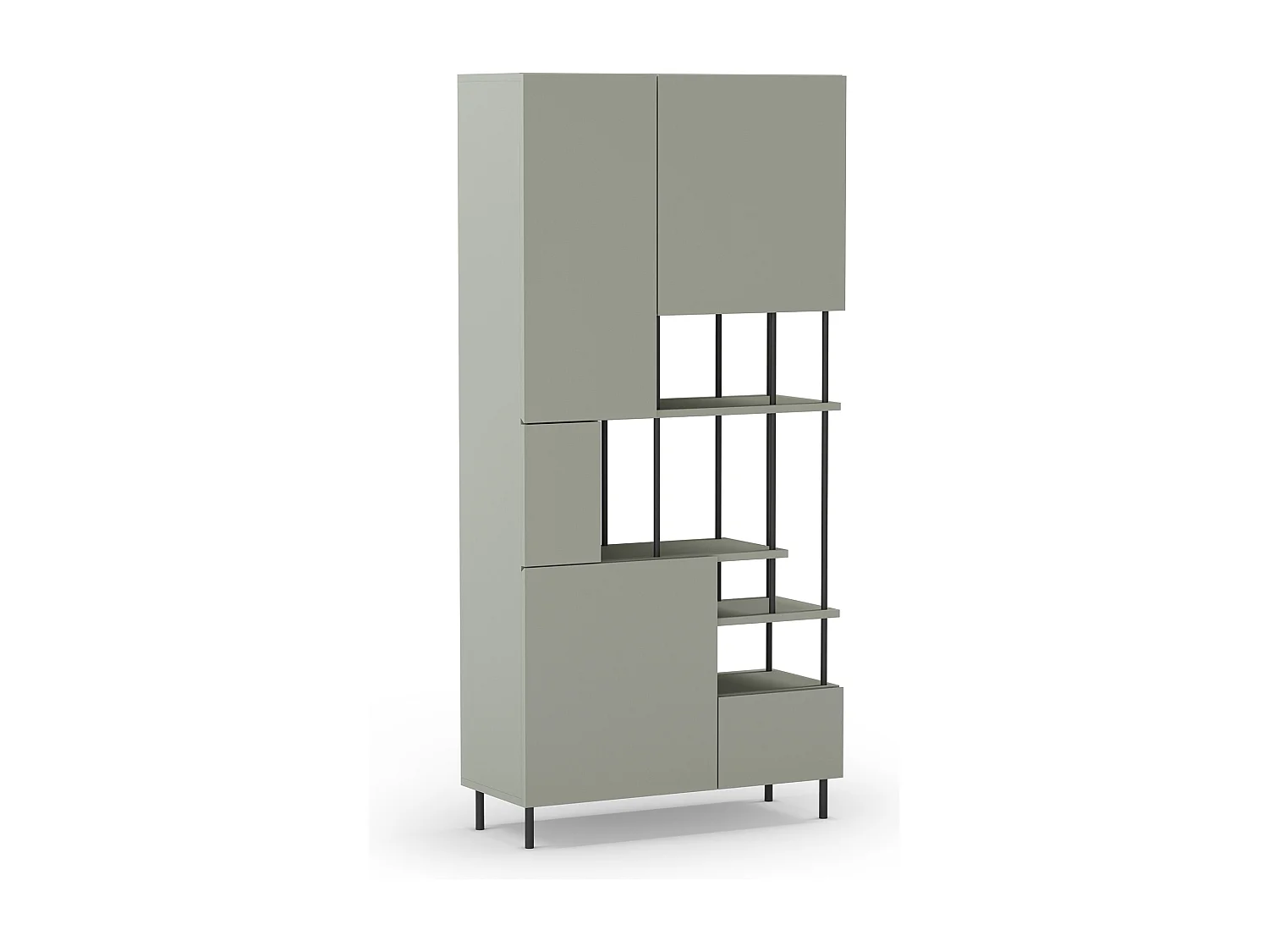 Etagère haute, meuble étagère avec 5 portes aspect bois coloris Vert, pieds en métal noir  - Longueur 84 x Profondeur 34 x Hauteur 175 cm