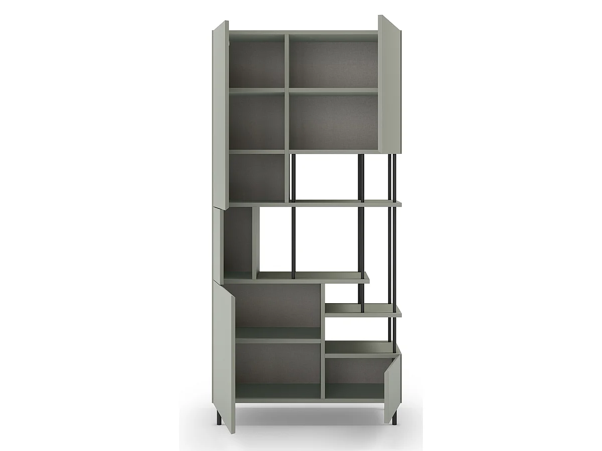 Etagère haute, meuble étagère avec 5 portes aspect bois coloris Vert, pieds en métal noir  - Longueur 84 x Profondeur 34 x Hauteur 175 cm