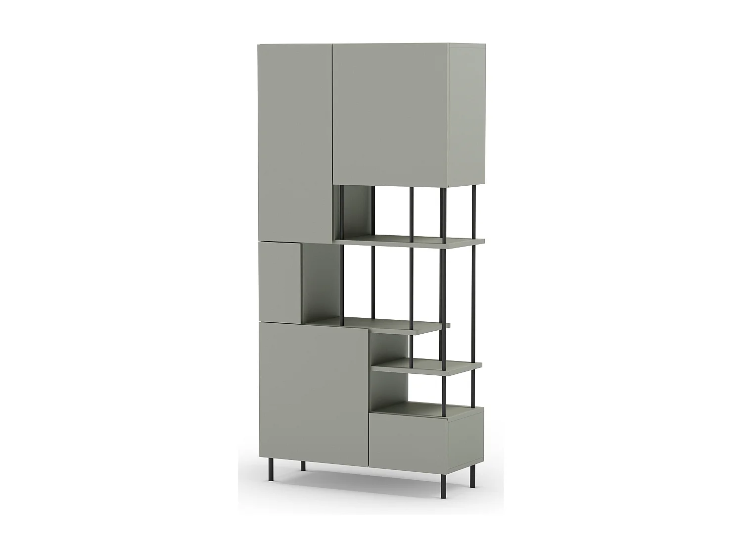 Etagère haute, meuble étagère avec 5 portes aspect bois coloris Vert, pieds en métal noir  - Longueur 84 x Profondeur 34 x Hauteur 175 cm