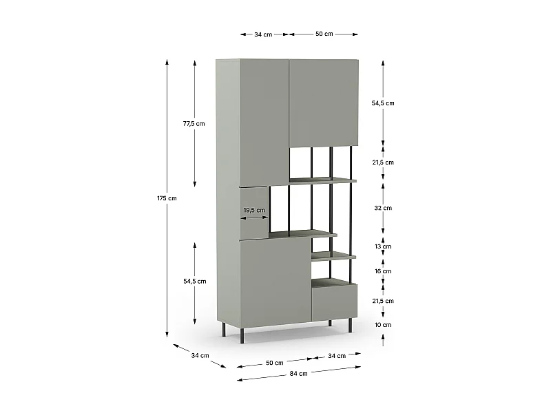 Etagère haute, meuble étagère avec 5 portes aspect bois coloris Vert, pieds en métal noir  - Longueur 84 x Profondeur 34 x Hauteur 175 cm