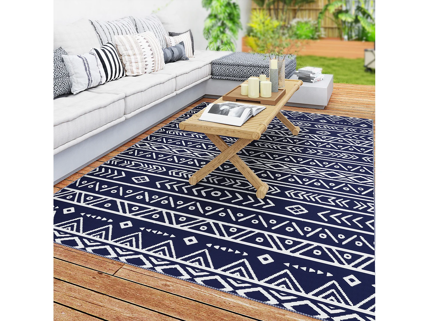 Tappeto da esterno reversibile con borsa 1.8x2.7cm blu e bianco