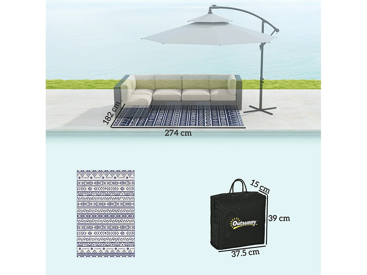 Tappeto da esterno reversibile con borsa 1.8x2.7cm blu e bianco