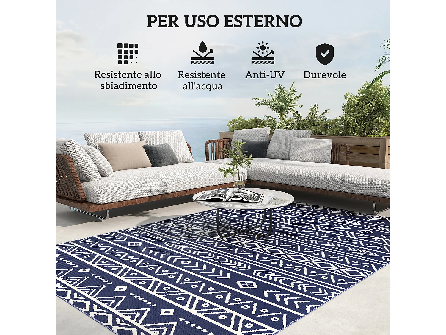 Tappeto da esterno reversibile con borsa 1.8x2.7cm blu e bianco