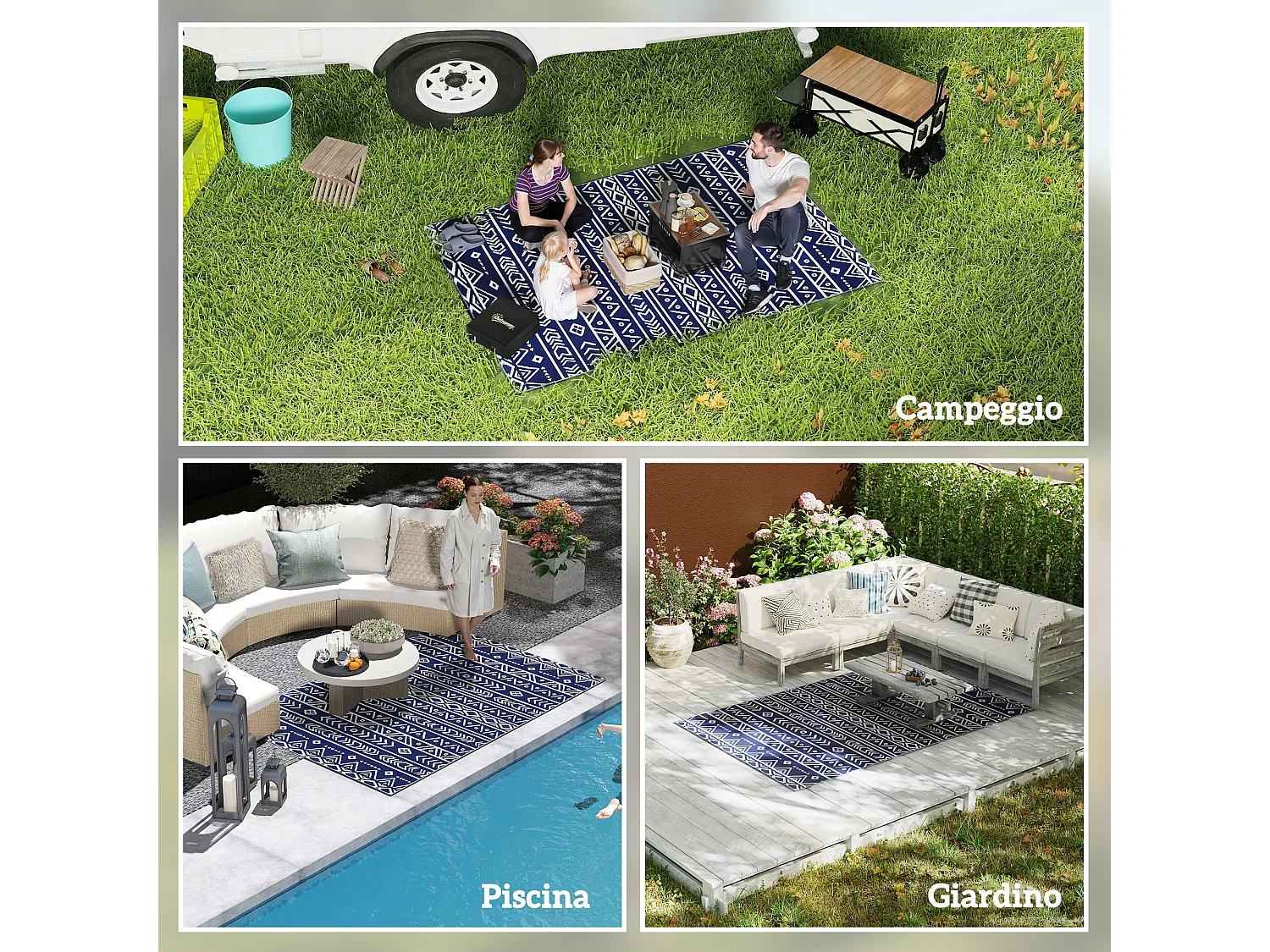 Tappeto da esterno reversibile con borsa 1.8x2.7cm blu e bianco