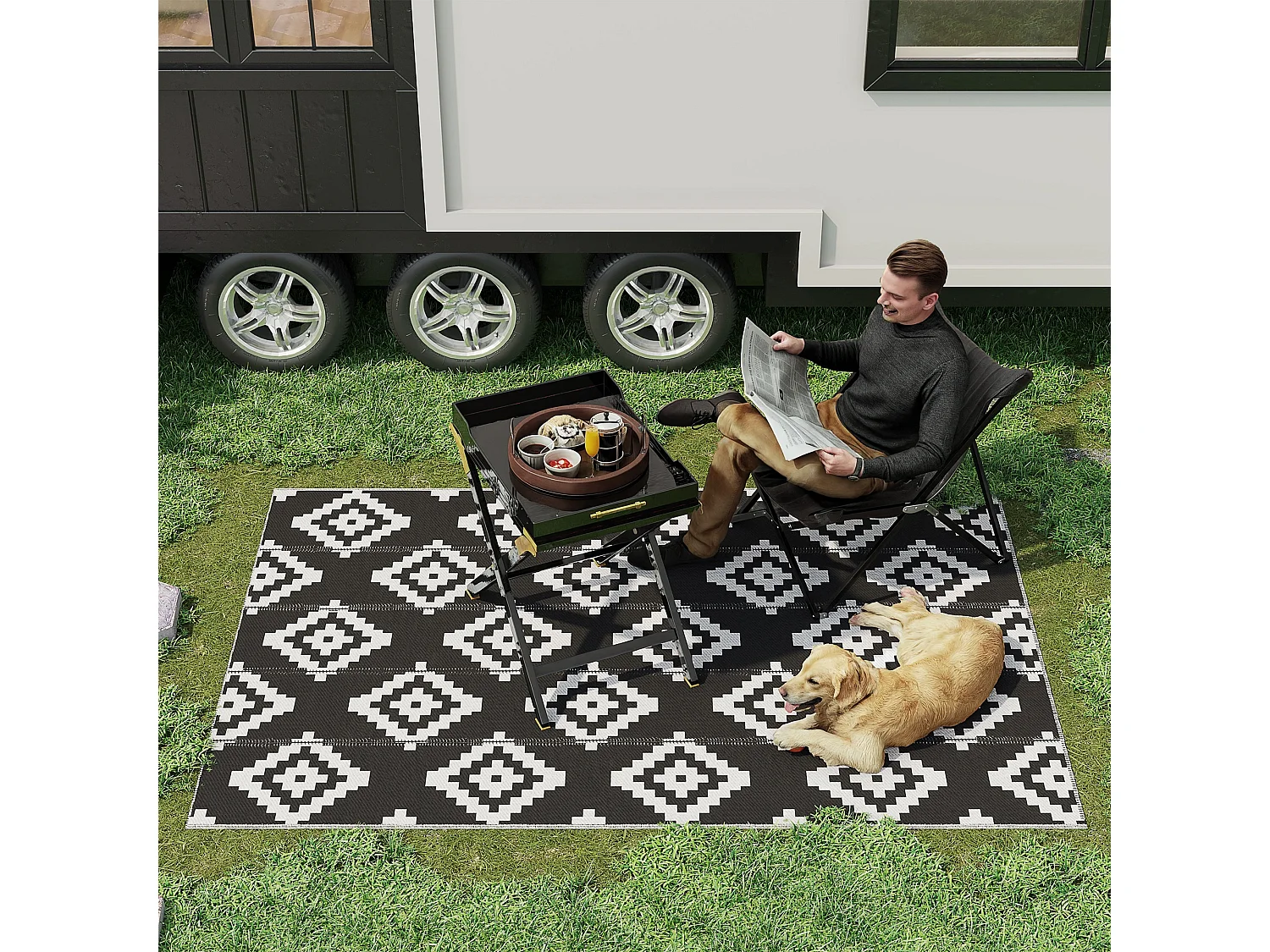 Tappeto esterno reversibile fantasia geometrica 2.74x1.82m nero