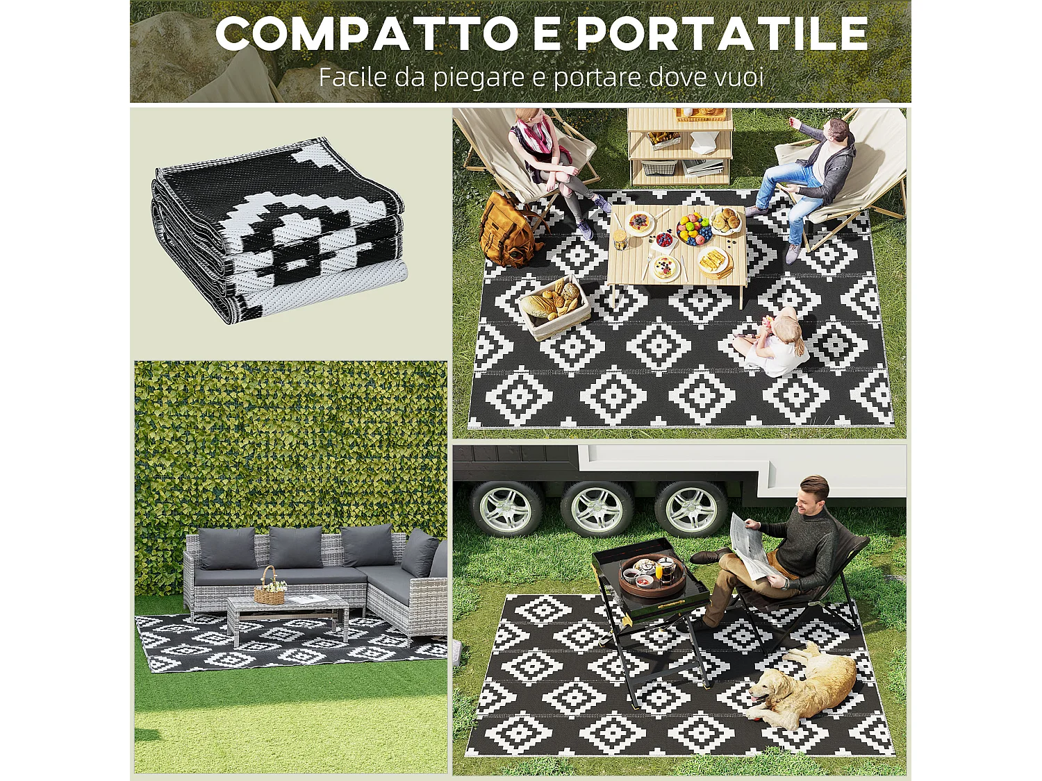 Tappeto esterno reversibile fantasia geometrica 2.74x1.82m nero