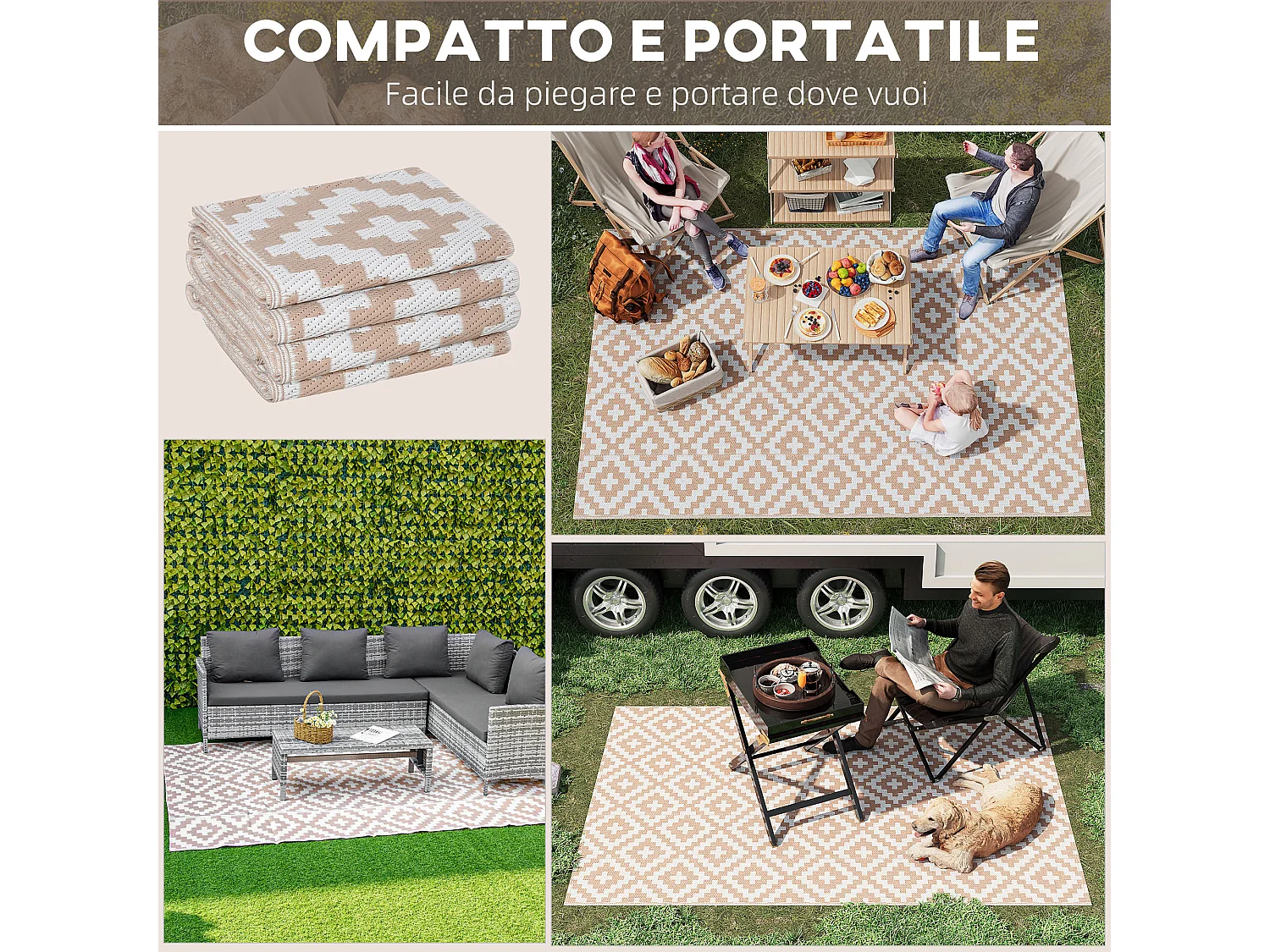 Tappeto esterno reversibile fantasia geometrica 2.74x1.82m caffè