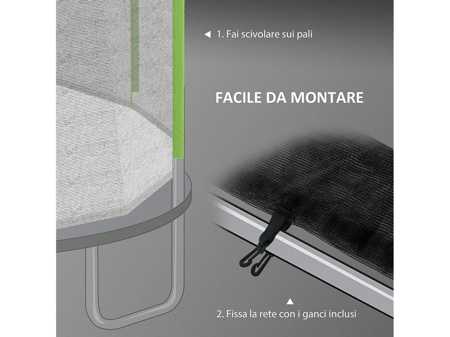 Rete protettiva per trampolini a 8 pali in pe nero e verde