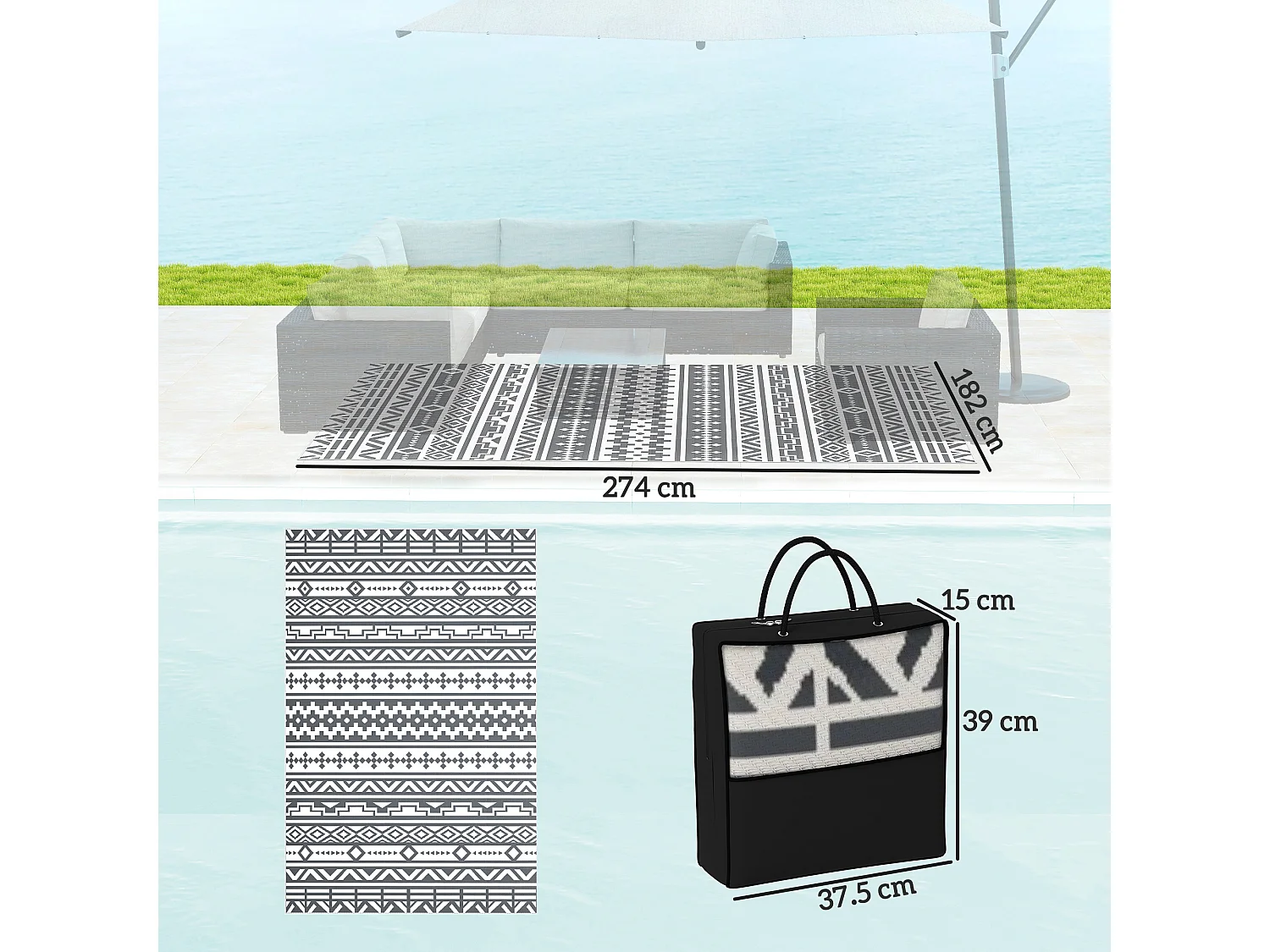 Tappeto da esterno reversibile con borsa 1.8x2.7cm grigio e bianco