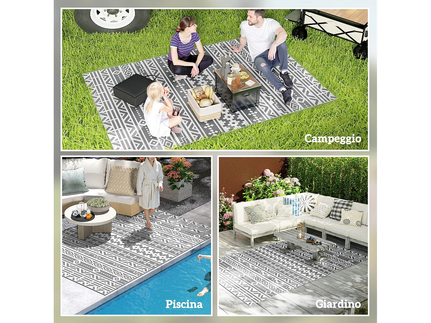 Tappeto da esterno reversibile con borsa 1.8x2.7cm grigio e bianco