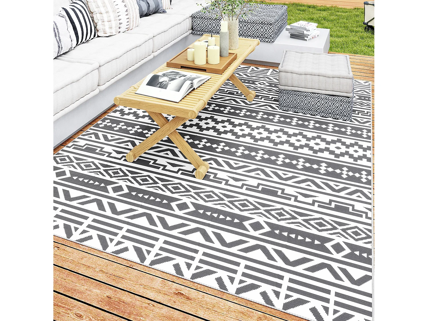 Tappeto da esterno reversibile con borsa 1.8x2.7cm grigio e bianco