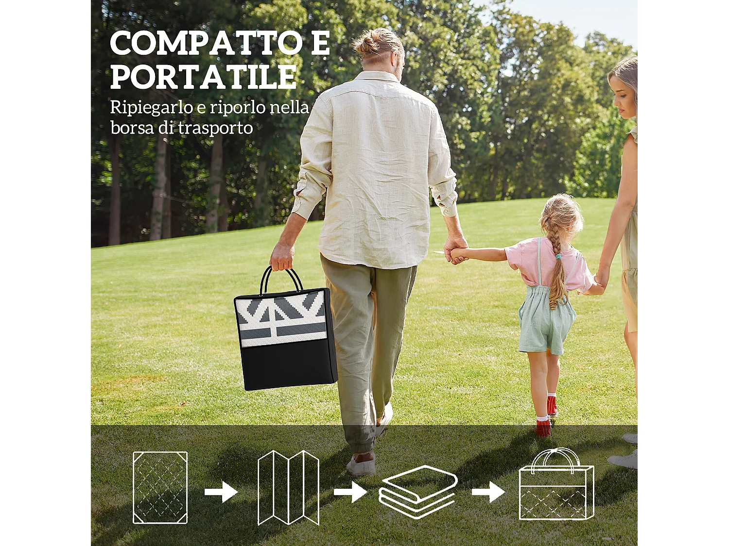 Tappeto da esterno reversibile con borsa 1.8x2.7cm grigio e bianco