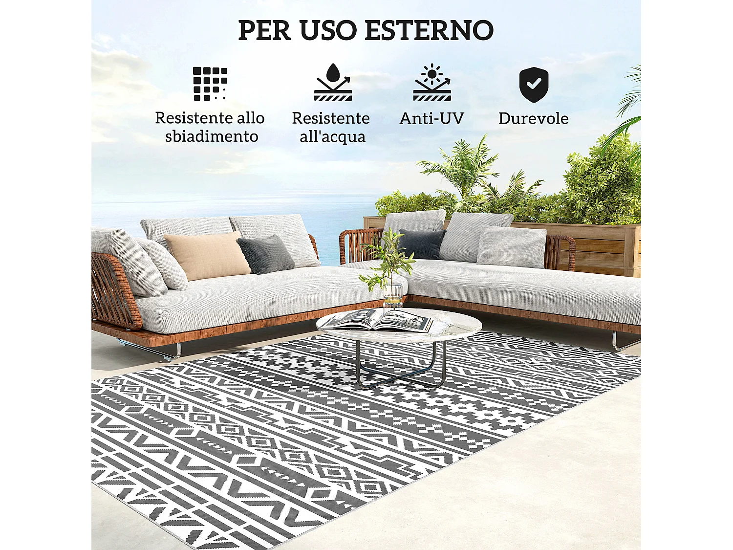 Tappeto da esterno reversibile con borsa 1.8x2.7cm grigio e bianco