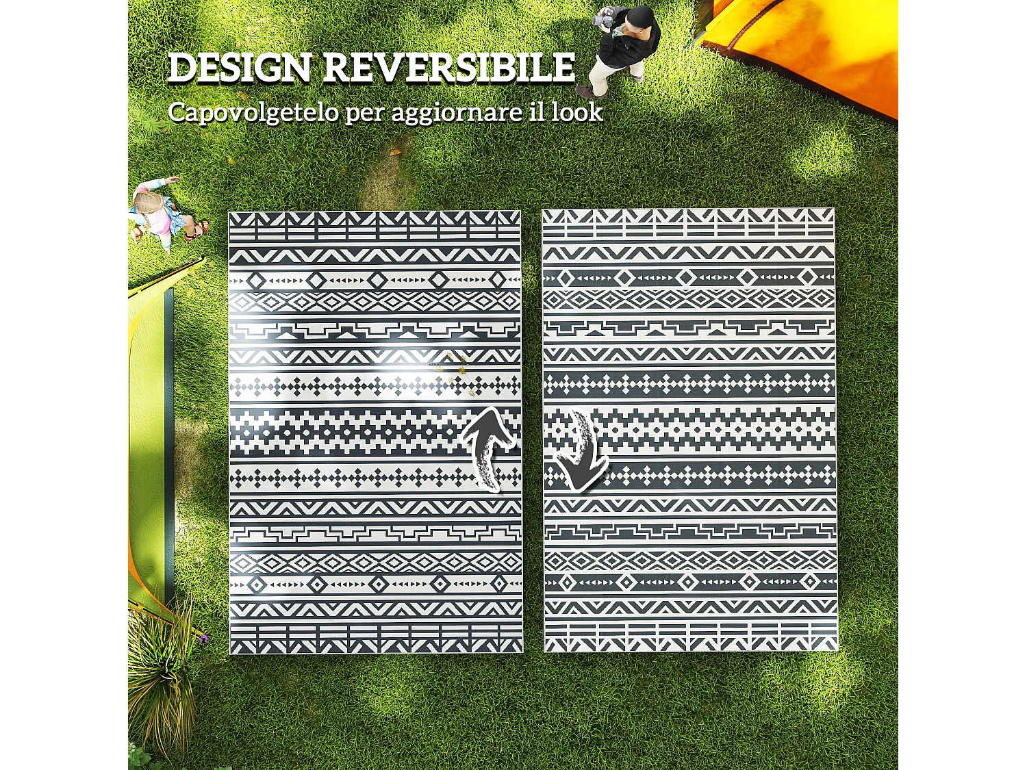 Tappeto da esterno reversibile con borsa 1.8x2.7cm grigio e bianco