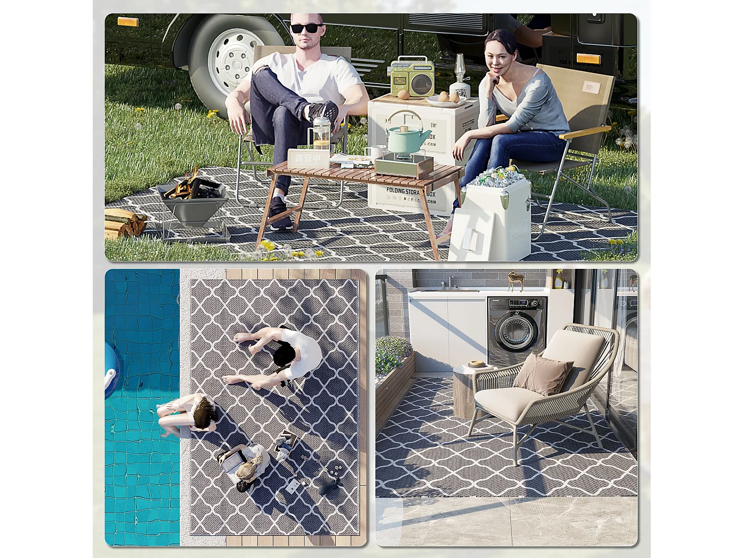 Tappeto per esterno 182x274 cm reversibile con borsa grigio chiaro