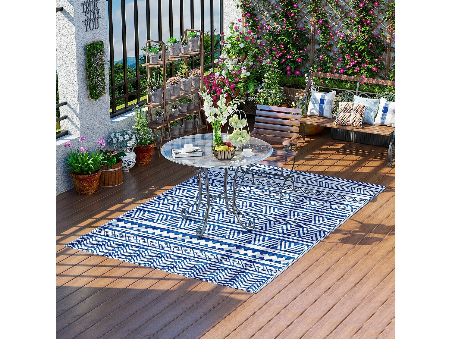 Tappeto per esterno 182x274 cm reversibile blu e bianco